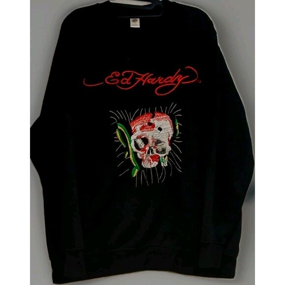 Ed Hardy by Christian Audigier XXL Black Skull Embroidered Sweatshirt Y2K Vintag - Picture 1 of 9